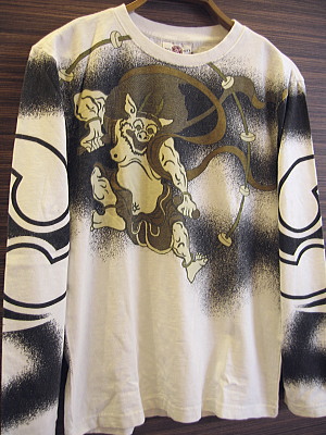 和柄 長袖Tシャツ 風神雷神の柄